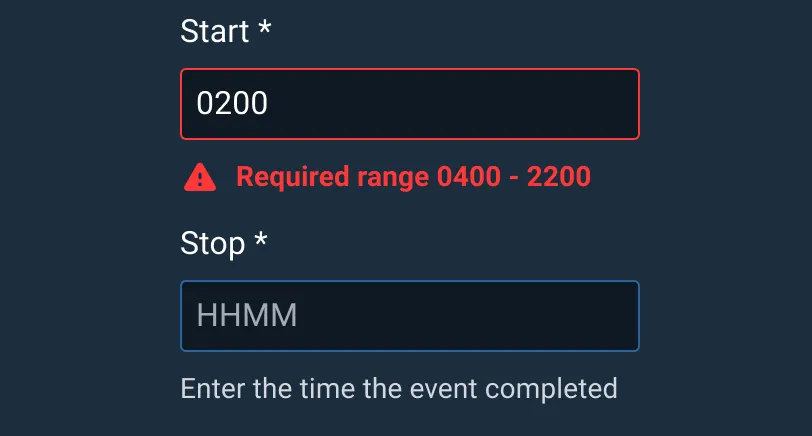 Time - Input must be a valid time. Text that cannot be recognized as a valid time is indicated with a warning icon and instructional text.